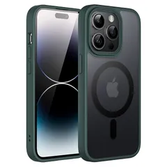 JEDirect iPhone 14 Pro 6.1インチ用 マグネット ケース MagSafeに対応 半透明のマット背面 薄型 耐衝撃 カバー (濃い緑色) 1