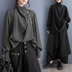 春 ゆったり カジュアル トップス ハーフハイネック 長袖 シャツ 女 黒パンツスカート