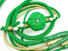 平和屋着物●和装小物　振袖用帯締め　飾り付き　縮緬花飾り　翡翠色　金糸　切り房　逸品　未使用　CAAW4060ju