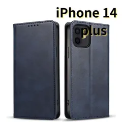 ［ショップス］ iPhone14 plus レザー風 スマホケース 手帳型 ネイビー 耐衝撃 マグネット式 カードケース　E
