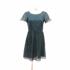 組曲 クミキョク KUMIKYOKU ワンピース フレア ミニ ドッキング シフォン ビジュー 総柄 半袖 2 緑 ダークグリーン /YK