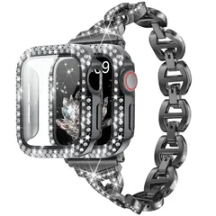 【人気商品】ダイヤモンドラインストーン AppleWatchケース付き バンド アップルウォッチ ベルト Watch ステンレス アップルウォッチバンド Apple （黒 バンド、一つ黒いケース付き，40mm 【Daturus】互換性があります series