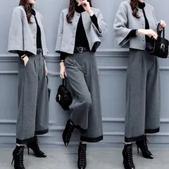 トップス ジャケット パンツ ボトムス セットアップ レディース ウール ワイドパンツ フレアスカート ショート アンクル丈 7分袖 ラウンドネック 襟なし ノーカラー ワイド 中厚手 きれいめ 上品 おしゃれ かっこいい レトロ マニッシュ クール モード系