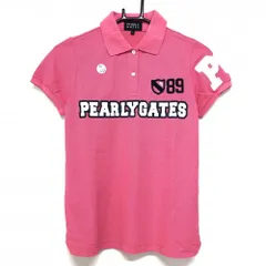 【美品】パーリーゲイツ 半袖ポロシャツ ピンク×ネイビー×白 フロントロゴプリント レディース 0(S) ゴルフウェア PEARLY GATES