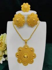 ジュエリー レディース セット 3点セット ゴールドメッキフラワージュエリー ネックレス、ピアス、リング - アラビア、ドバイ、ヨーロッパ、アメリカの花嫁、結婚式、パーティー、デート、母の日、バレンタインデー、卒業