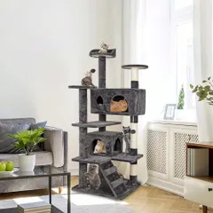 猫 クライミングフレーム スタンド 人気 キャットタワー 幅 49cm × 奥行き 49cm × 高さ 133cm 中型猫 子猫 成猫 多機能 多頭飼育 麻ひも 爪とぎ遊び 毛玉 階段 スレンダー 省スペース 日本語説明書付き 組み立て簡単 (ダークグレー)