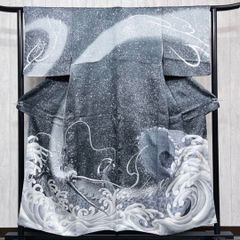 歌川国芳 骸骨 浮世絵 訪問着 銀通し 仮絵羽 未仕立て品 正絹 HFT013