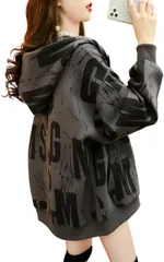 Dep Club 華奢見せ パーカー レディース ゆったり ロングパーカー ジップパーカー 大きいサイズ オーバーサイズ 薄手 韓国 韓流 韓国風 柄 アウター(ブラック,  2XL Regular)