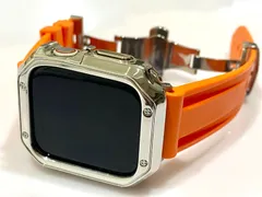 シルバーオレンジ＠カスタム セット アップルウォッチバンド ラバーベルト Apple Watch カバー ケース メンズ レディース 38mm 40mm 41mm 42mm 44mm 45mm46mm49mm ウルトラ　ultra