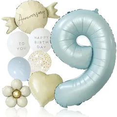 【新品】 deerzon くすみブルー 9歳 くすみカラー 数字 バルーン 誕生日 飾り付け 10点 セット 大きい 65cm くすみ ニュアンスカラー ナンバーバルーン バースデー 0