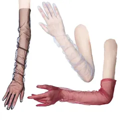 [FARFADET] ロング グローブ オーガンジー シースルー ドレス 手袋 コスチューム セクシー アーム カバー パーティー メッシュ 網 女性 ゴス ファッション 結婚式 レディース レース 長い 肘 レースアップ シアー 透け感  [黒ワイングレー]