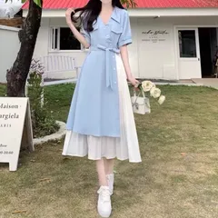 フレンチガーリー♡アシンメトリープリーツフレアワンピース レディース ワンピース ライトブルー 水色 夏 おすすめ Vネック 着痩せ スタイルアップ 骨格ストレート M L  　F0855