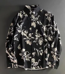 K《新品未使用》花柄プリント黒シャツ レトロ×ゆったり ユニセックス長袖