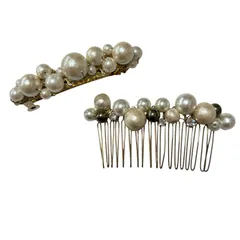 アンティーク　ヘアアクセサリーセット　バレッタ　ヘアコーム　コットンパール　ベージュ　軽い