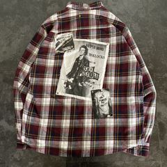 【Remake】SexPistols セックスピストルズ チェック柄 再構築 ドッキング ボロ加工 オーバーサイズ リメイクシャツ ネルシャツ 長袖シャツ レッド系 バンT グランジロック パンク アナーキー No.10