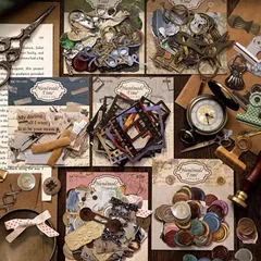 ST720 ボタン クリップ リボン 紐 ハサミ ルーペ ラベル シーリングスタンプ コラージュ素材 コラージュ シール ステッカー 紙もの 手帳 日記 海外 紙モノ 紙物