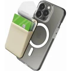 iPhoneカードケース、蓋付きマグネット携帯カードホルダー ベージュ