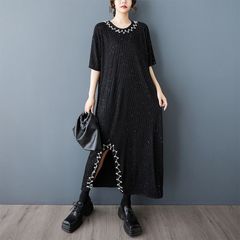 モード系  ブラック  パールビーズ  ラウンドネック  個性  ハーフスリーブ  ロングプル  オーバードレス 1色