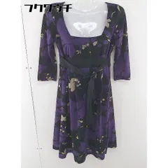 ◇ CLOCHE クロシェ 総柄 プリント ウエストリボン 長袖 膝丈 ワンピース サイズ02 パープル ブラック ベージュ レディース 【中古】 【1106080001018】