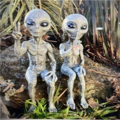 宇宙人 2体セット オブジェ 置物 グレイ 異星人 インテリア おもしろい雑貨 アンティーク ヴィンテージ ガーデンオーナメント かわいい am