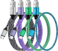 ANNIBER USB タイプCケーブル 0.5m/0.9m/1.5m/1.8m 4本/4色 アンドロイド Type-C 携帯充電ケーブル スマホ急速充電ケーブル Quick Charge3.0対応 iPhone 16/15/Xperia/