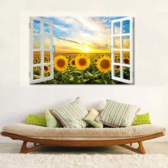 癒しの３D窓 ウォールステッカー 夕焼け 向日葵 花 騙し絵 トリックアート はがせる 壁紙 シール 防水 DIY 壁 インテリア