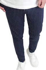 BillionWorks スウェットパンツ ジョガーパンツ メンズ テーパードパンツ ストライプ スリム ストレッチパンツ( ネイビー,  XL)