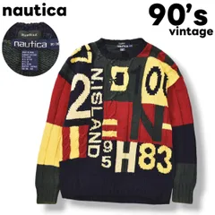 90s ヴィンテージ ノーティカ nautica ハンド ニット ケーブル セーター リネン x コットン ローゲージ クルーネック M 総柄 マルチカラー クレイジーパターン メンズ