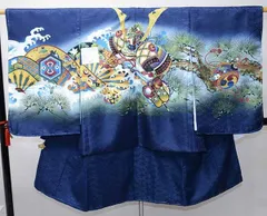 七五三 五歳 男児 羽織・着物・襦袢3点セット 金刺繍 紺地 兜 綸子地 5歳 五才 5才 祝着 男の子 お仕立て無料 NO41779-2