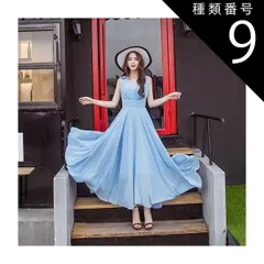 種類9：ライトブルー/S シフォンワンピース シフォンドレス ドレスワンピース ワンピース ドレス フレアワンピース シフォンワンピース ロング ロング丈 マキシ マキシ丈 9分丈 袖なし ノースリーブ Vネック カシュクール フレア セミフレア Aライン シ