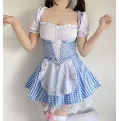 【売り切りSALE！】ミニ丈 ワンピース ロリータ エプロン チェック柄 ライトブルー ペチコート付