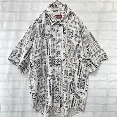 【希少】半袖 アート柄 総柄 柄シャツ ポリシャツ レーヨン L 羽織 白系 夏