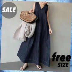 Vネック デニム ノースリーブ Aライン マキシ ワンピース  カジュアル 韓国