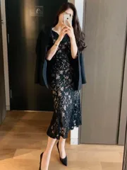 結婚式 ドレス 総レース ロングワンピース パーティドレス 大人可愛い ブラック nj