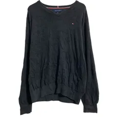 TOMMY HILFIGER コットンニット セーター L ブラック トミーヒルフィガー Ｖネック ワンポイントロゴ 古着卸 アメリカ仕入 a703-5870