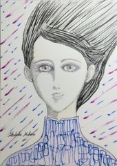 Akihiko Mihara, Salon d'Automne selected artist [BEAUTY] Drawing original artwork, female portrait, figure painting, small piece, painting, fine art, interior art, miscellaneous goods, contemporary art, pencil drawing, brush pen art, illustration, fashion design drawing, portrait of a beautiful woman, colored pencil drawing, blue, purple, interior coordination