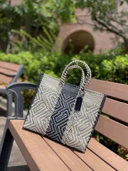 新品 大人気オアハカ産 メルカドバッグ メキシコ Sサイズ ブラックシルバークリーム