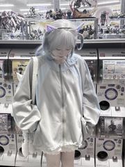 水色界隈　天使界隈　ブラック　ブルー　グレー　サブカル　パーカー　大きめ　ゆったり　襟付き　リボン　ブルー　ジャージ　服　長袖　地雷系　量産型　渋谷　原宿　病みかわいい　夢かわいい　推し活　トップス 　サイバー系  y3k　長袖　秋　冬　シンプル
