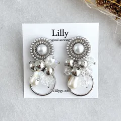 #911大ぶり/パール/シルバー/揺れる/フープ/ハンドメイドピアス イヤリング