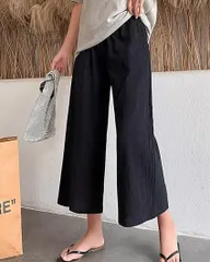 ワイドパンツ レディース 綿麻 ゆったり リネン ガウチョパンツ ロングパンツ ウエストゴム 麻混 体型カバー 美脚 春夏langshun01