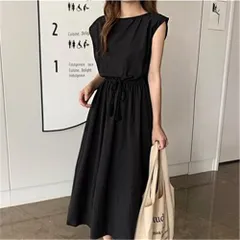☆ ブラック ☆ Mサイズ ☆ ワンピース lydress02 ワンピース ノースリーブ レディース ワンピ ラウンドネック ミドル丈 リボン コットン 無地 綿 ひも 紐 シンプル カジュアル 通学 通勤 かわいい おしゃれ