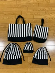 ハンドメイド　入園入学5点セット　ストライプ黒　トートバッグ　シューズケース　巾着袋大中小