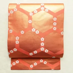 中古 名古屋帯 全通柄 落款入り 正絹 亀甲柄 花柄 名古屋仕立て 橙