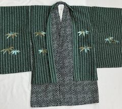 «花ラブリ»R361-hBoy80G　キッズ羽織・着物・襦袢セット　七五三　５歳　男児　羽織　ひざ丈長着　半襦袢　３点セット　緑　竹　疋田模様　男の子