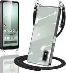 【新着】AQUOS wish3 ケース クリア ショルダー SH-53D カバー スマホケース 透明 TPU 肩掛け 首掛け 斜めかけケース 薄型 耐衝撃 シリコン メッキ加工 TPUバンパー(ブラック)