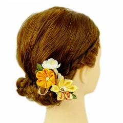 髪飾り 成人式 つまみ細工 振袖 前撮り 袴 浴衣 夏祭り 花火大会 豪華2点セット 黄色 橙色 白 ゴールド ちりめん 組紐 パール No.9-3606