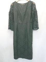 ◇ Θ DRESS+ レース ダマスク柄 七分袖 膝下丈 ドレス ワンピース サイズL ブラック系 レディース E  【1507100006981】