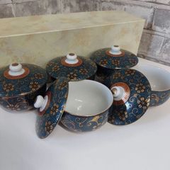 九谷焼 清峰窯 蓋つき茶器セット 急須 湯呑み5客 青粒 鉄仙 金彩