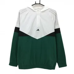 【美品】アディダス フード付ブルゾン 白×グリーン 肩3ライン ハーフジップ 裏地メッシュ メンズ M ゴルフウェア 2024年モデル adidas