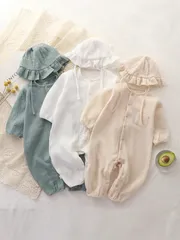 ロンパース 帽子付き 2点セット ベビー ダブルガーゼ ロンパース 長袖 コットン 綿 ベビー服 男の子 女の子 前開き カバーオール 赤ちゃん 新生児服 子供服